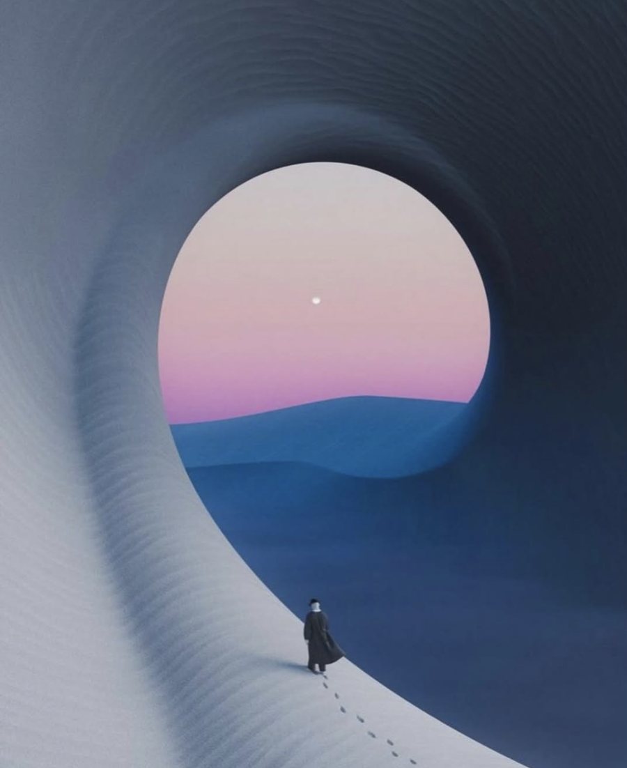 Figure walking through a blue sculptural landscape toward a pink horizon
